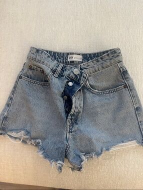 ZARA Blue High-Rise Distressed Denim Shorts